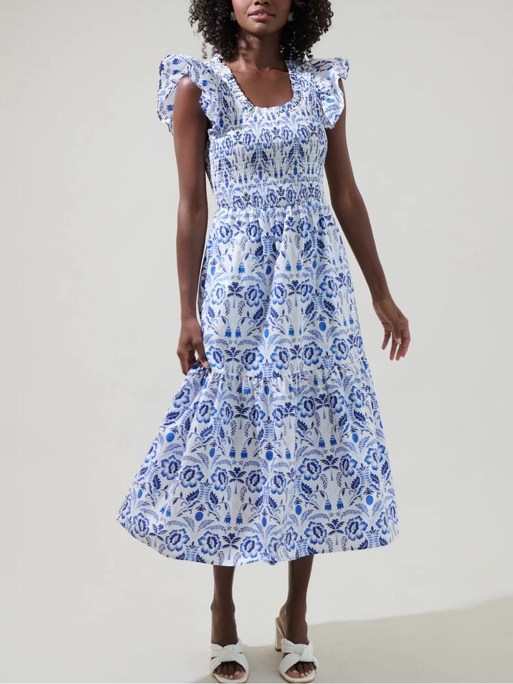 Sugar Lips Marisol Floral Giza Glare Smock Tiered Midi Dress Blue White NWT S